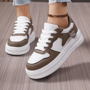 Women's Thick-Soled White Brown Sneakers