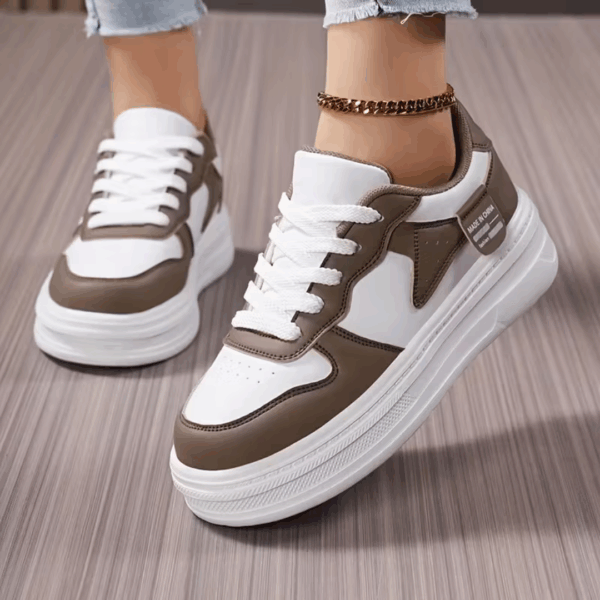 Women's Thick-Soled White Brown Sneakers