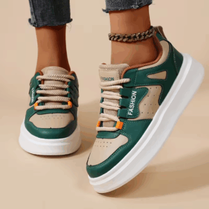 Brown-Green Low Top Lace-Up Sneakers