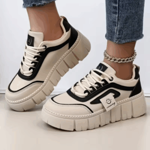 Beige/White Lace-Up Shoes with Thick Platform Sole