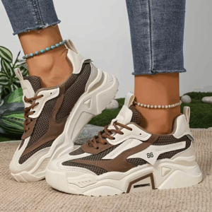 White & Brown Striped Stylish Low-Top Sneakers