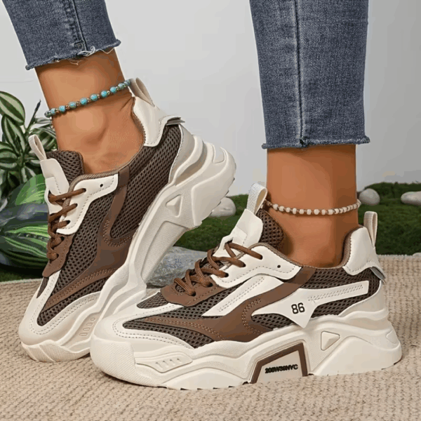 White & Brown Striped Stylish Low-Top Sneakers